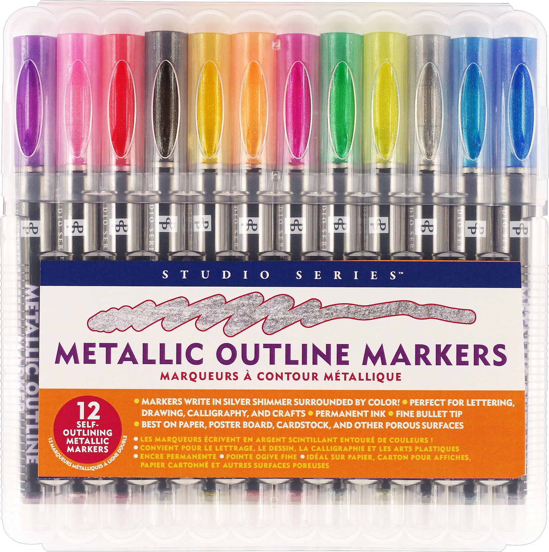 KINGART® Outline Markers - 12 pc. Set, Metallic Silver with Color Outlines