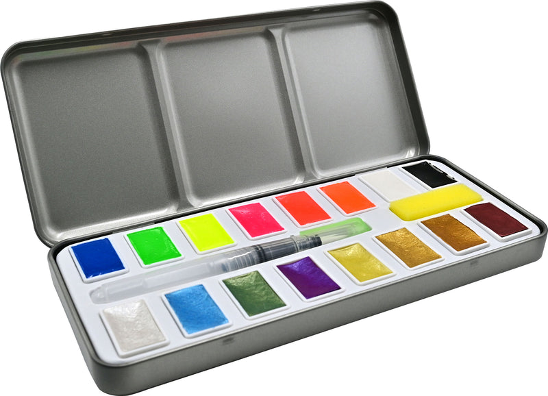 Artist Metallic Iridescent watercolor paint set 12 color , metal palette box