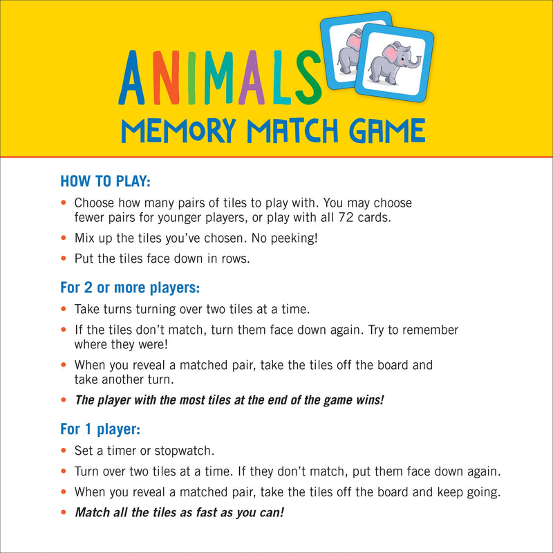 Animals Memory Match Game (Set of 72 cards)